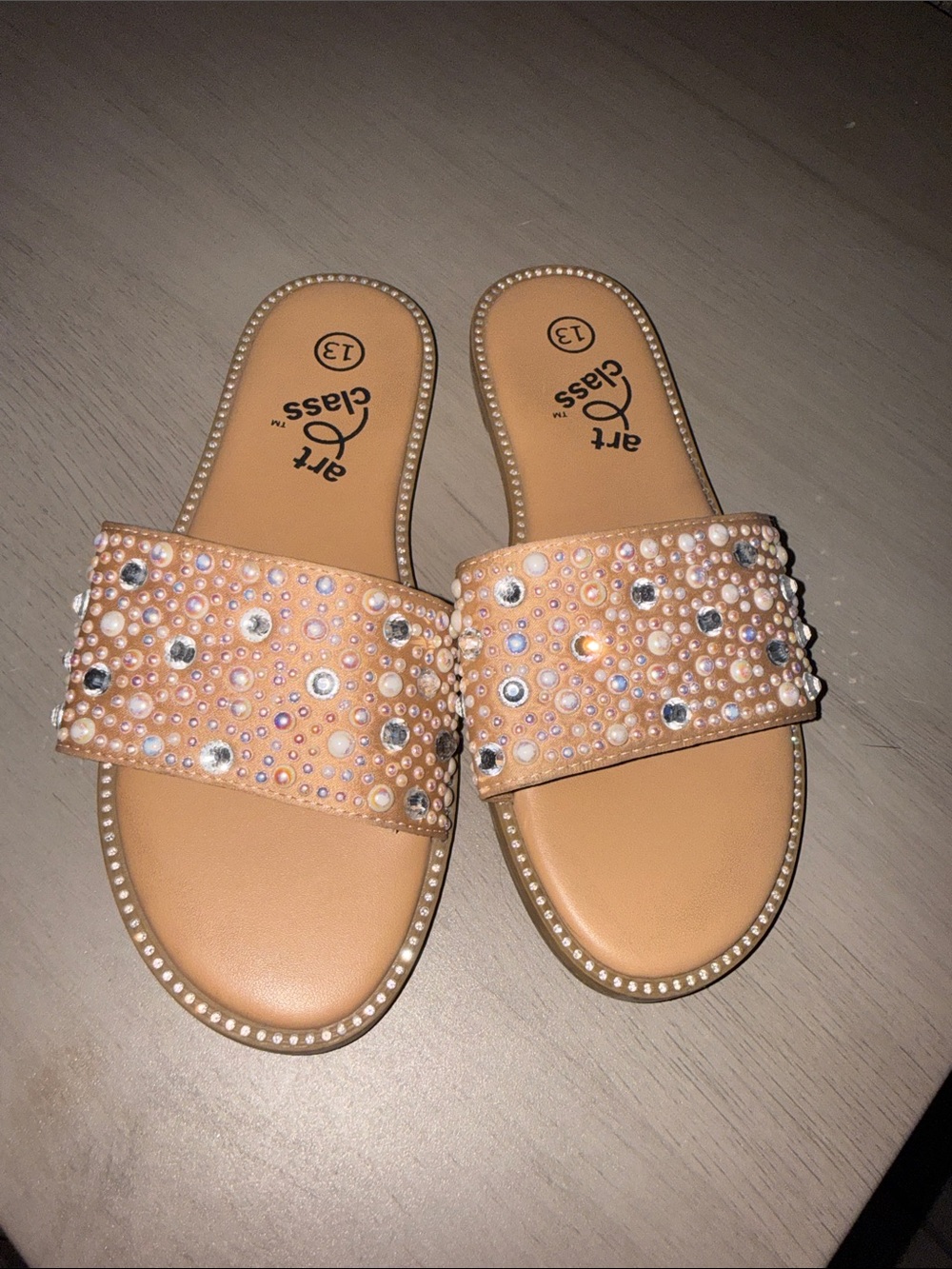 art class Tan Pearl & Rhinestone Slide Sandals